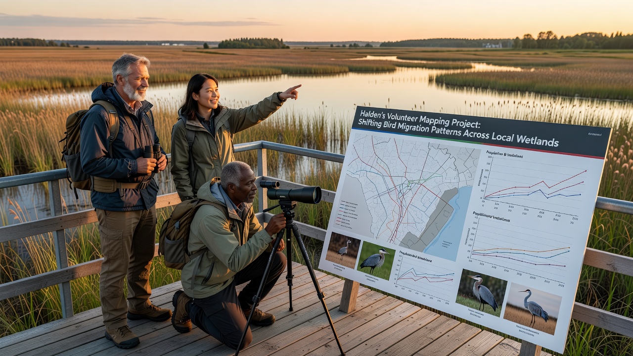 Detailed map overlay showing bird migration routes and concentration zones in Halden wetlands from recent volunteer surveys